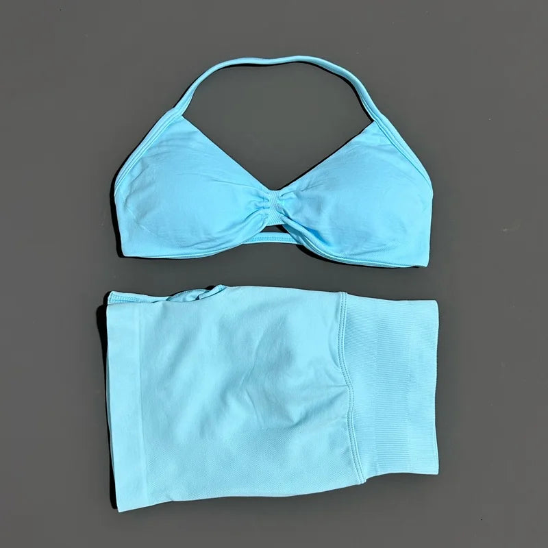 Gym Set 2 Piece Women Strappy Yoga Bra Top Workout Scrunch Shorts Sports Suit Fitness Clothes Seamless Yoga Set