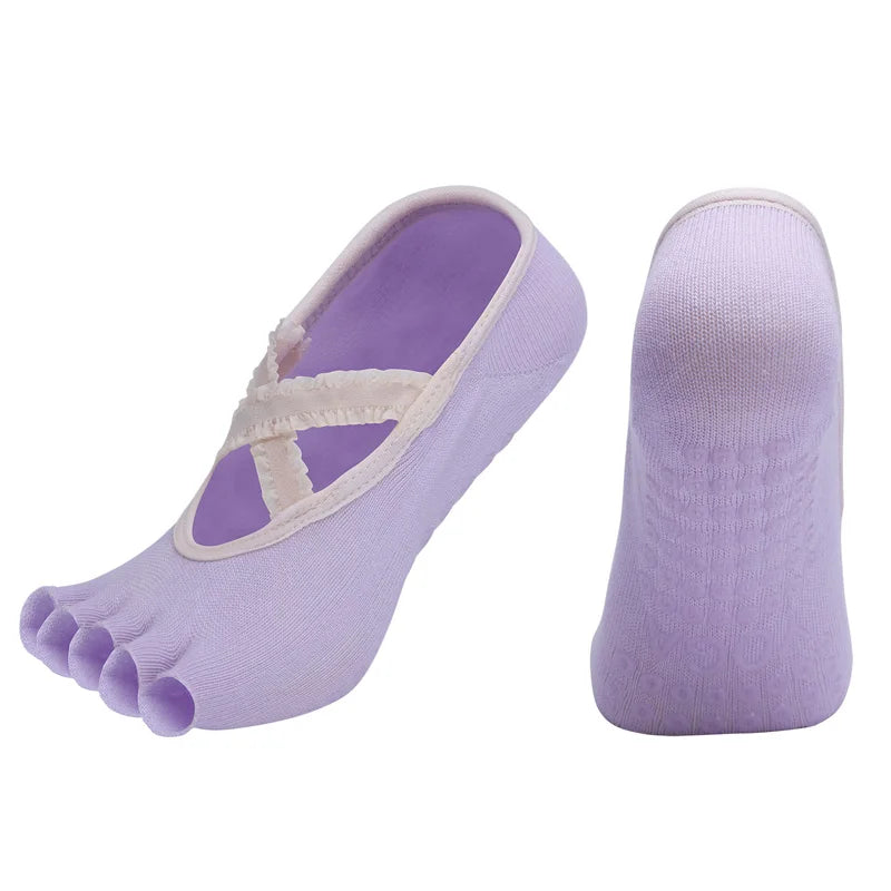 Women Five Fingers Yoga Socks Breathable Cross Straps Pilates Sock Silicone Grip Anti Slip Lace Dance Socks for Fitness Sport