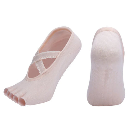 Women Five Fingers Yoga Socks Breathable Cross Straps Pilates Sock Silicone Grip Anti Slip Lace Dance Socks for Fitness Sport