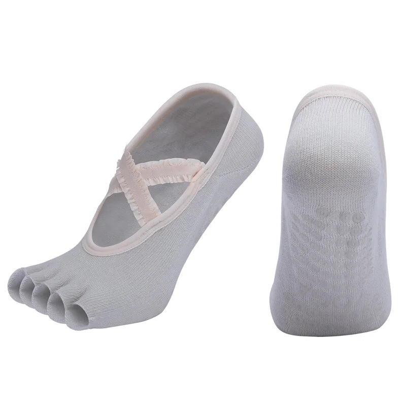 Women Five Fingers Yoga Socks Breathable Cross Straps Pilates Sock Silicone Grip Anti Slip Lace Dance Socks for Fitness Sport