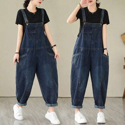 Vintage Patchwork Blue Denim Overalls Casual Loose Jumpsuit