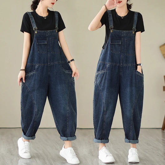Vintage Patchwork Blue Denim Overalls Casual Loose Jumpsuit