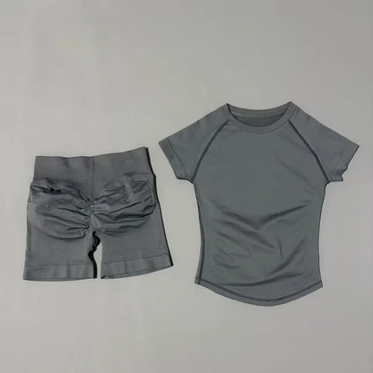 2 Piece Sports Set Women Gym Yoga Set Seamless Fitness Gym Clothes Sportswear Short Sleeve Top Sports Short Leggings Suit