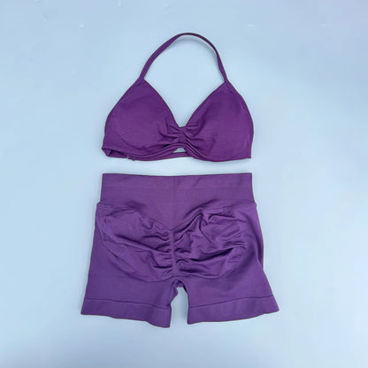 2 Pieces Yoga Gym Set Women Seamless Strappy Ruched Backless Halter Yoga Bra High Waist Workout Scrunch Shorts Sport Set Fitness