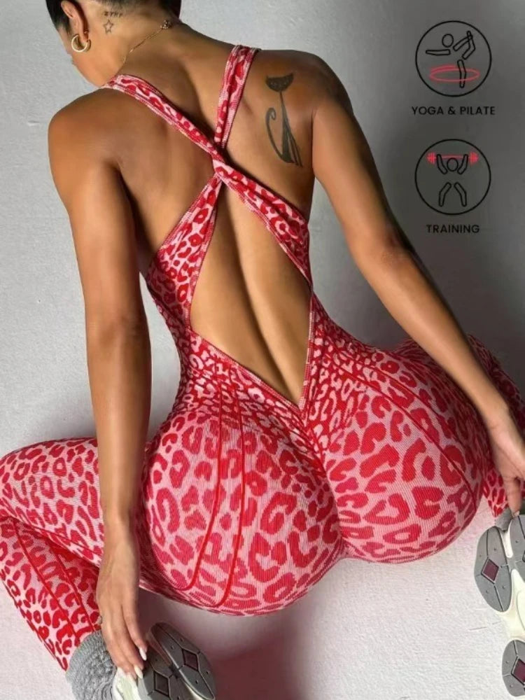 Sexy Leopard Print Sports Jumpsuits for Women V-neck Backless Yoga Bodysuit Female Sleeveless Tight Gym Running Fitness Overalls