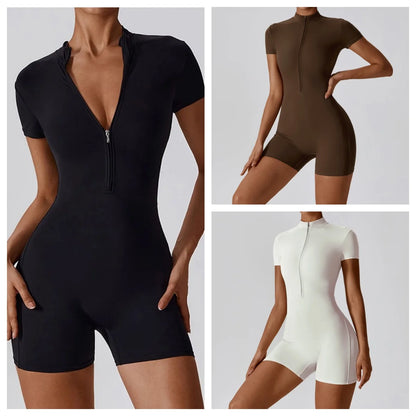 Women's Zipper Short-Sleeve Yoga Jumpsuit