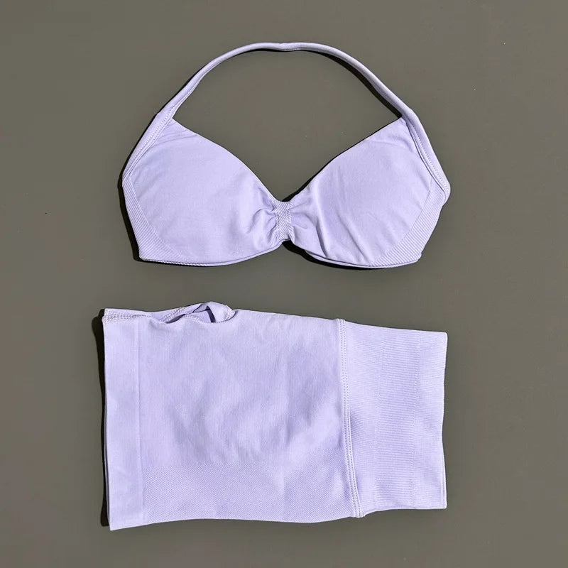 Gym Set 2 Piece Women Strappy Yoga Bra Top Workout Scrunch Shorts Sports Suit Fitness Clothes Seamless Yoga Set