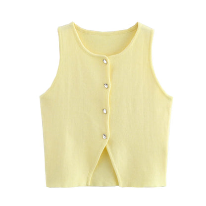 Top Women Yellow Button Vests Women Streetwear Waistcoat Knitwears
