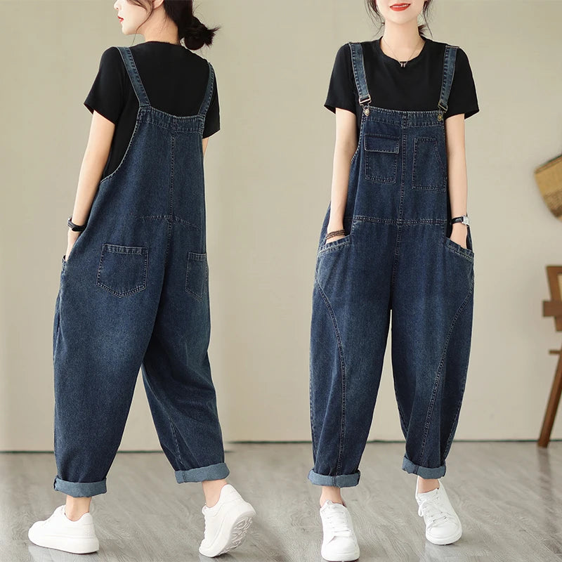 Vintage Patchwork Blue Denim Overalls Casual Loose Jumpsuit