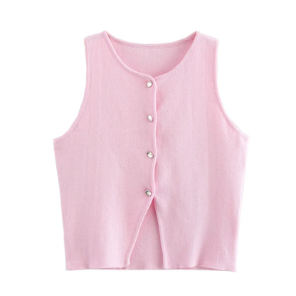 Top Women Yellow Button Vests Women Streetwear Waistcoat Knitwears