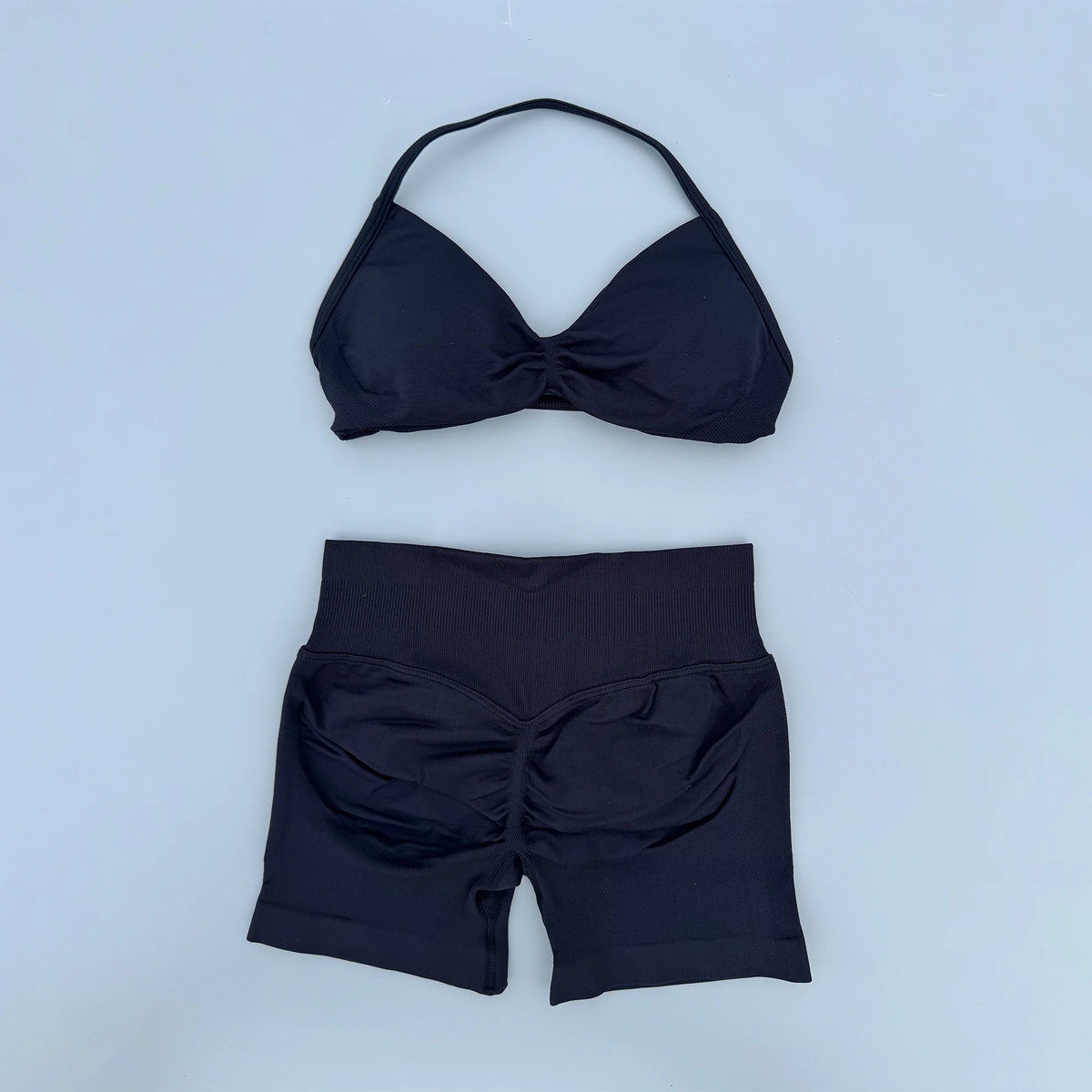 2 Pieces Yoga Gym Set Women Seamless Strappy Ruched Backless Halter Yoga Bra High Waist Workout Scrunch Shorts Sport Set Fitness