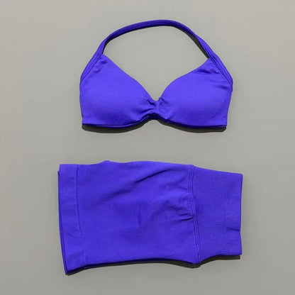 Gym Set 2 Piece Women Strappy Yoga Bra Top Workout Scrunch Shorts Sports Suit Fitness Clothes Seamless Yoga Set