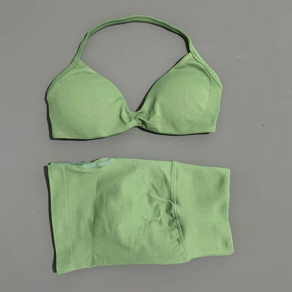 Gym Set 2 Piece Women Strappy Yoga Bra Top Workout Scrunch Shorts Sports Suit Fitness Clothes Seamless Yoga Set