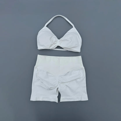 2 Pieces Yoga Gym Set Women Seamless Strappy Ruched Backless Halter Yoga Bra High Waist Workout Scrunch Shorts Sport Set Fitness