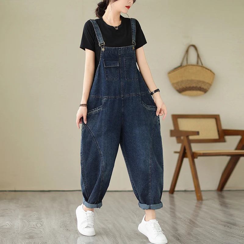 Vintage Patchwork Blue Denim Overalls Casual Loose Jumpsuit