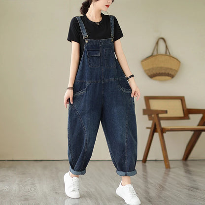 Vintage Patchwork Blue Denim Overalls Casual Loose Jumpsuit