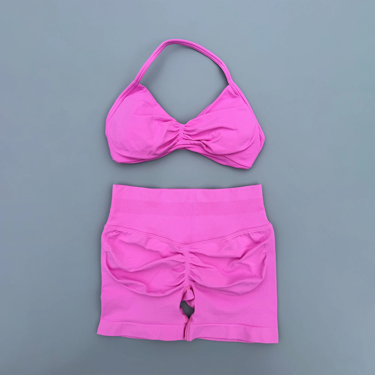 2 Pieces Yoga Gym Set Women Seamless Strappy Ruched Backless Halter Yoga Bra High Waist Workout Scrunch Shorts Sport Set Fitness