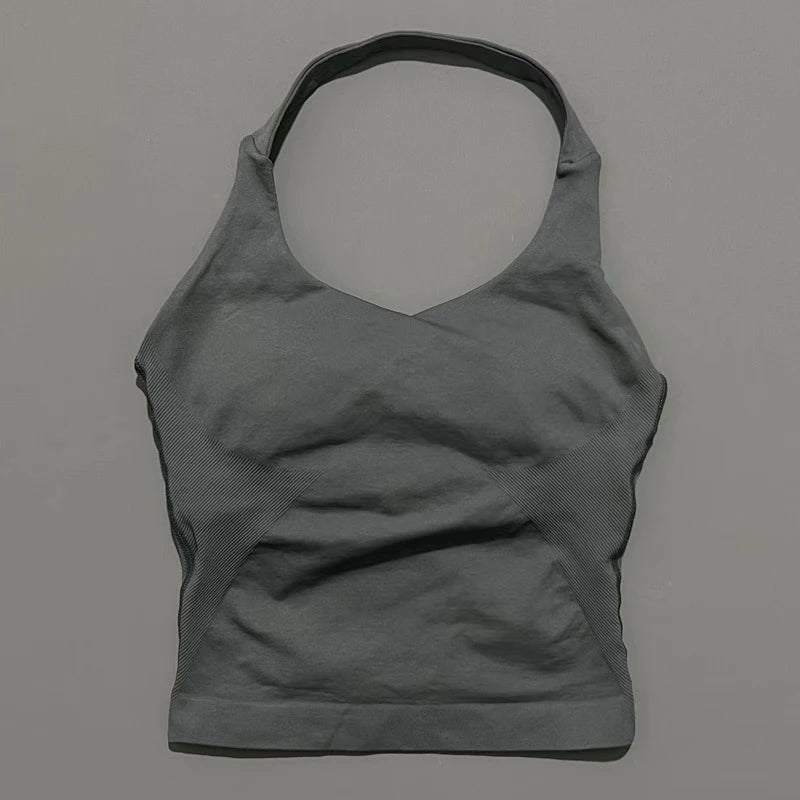 Histello Longline Strappy Top Women Sports Tank Halter Seamless Ruched Backless Gym Activewear Workout Yoga Fitness Tops