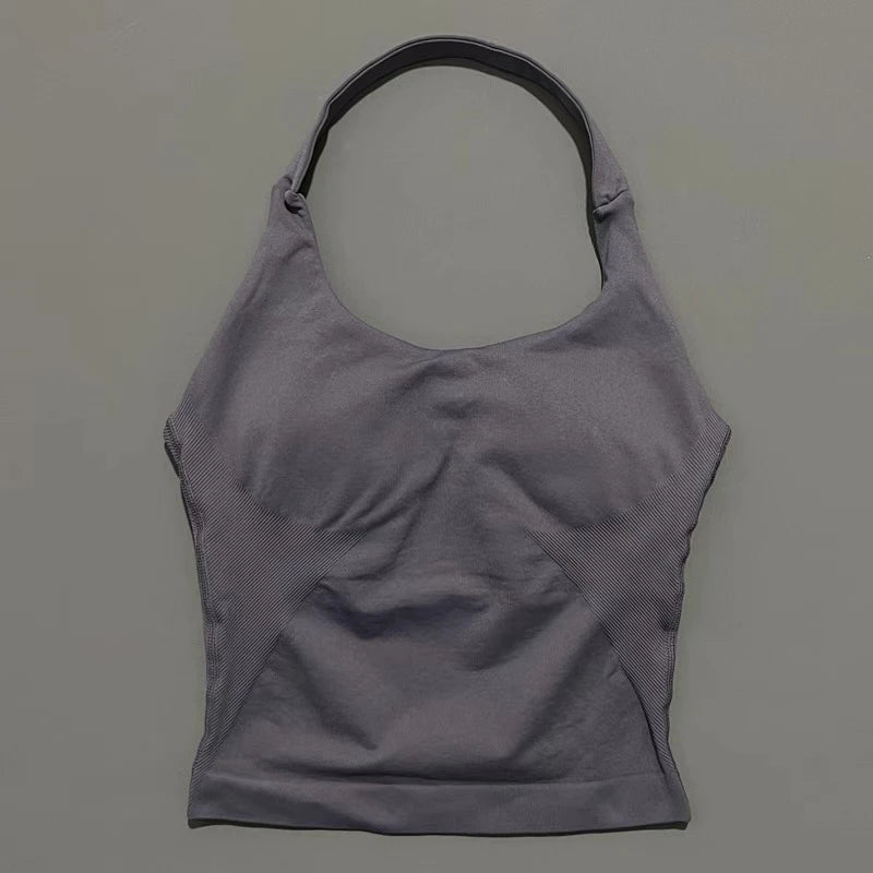 Histello Longline Strappy Top Women Sports Tank Halter Seamless Ruched Backless Gym Activewear Workout Yoga Fitness Tops