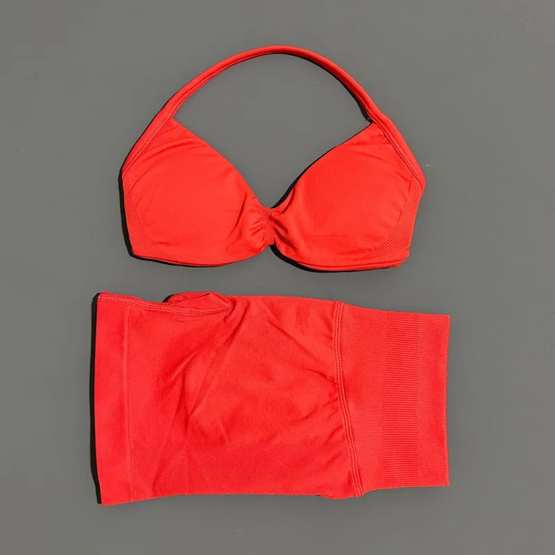 Gym Set 2 Piece Women Strappy Yoga Bra Top Workout Scrunch Shorts Sports Suit Fitness Clothes Seamless Yoga Set