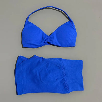 Gym Set 2 Piece Women Strappy Yoga Bra Top Workout Scrunch Shorts Sports Suit Fitness Clothes Seamless Yoga Set