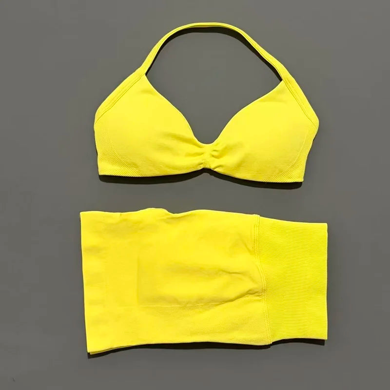 Gym Set 2 Piece Women Strappy Yoga Bra Top Workout Scrunch Shorts Sports Suit Fitness Clothes Seamless Yoga Set
