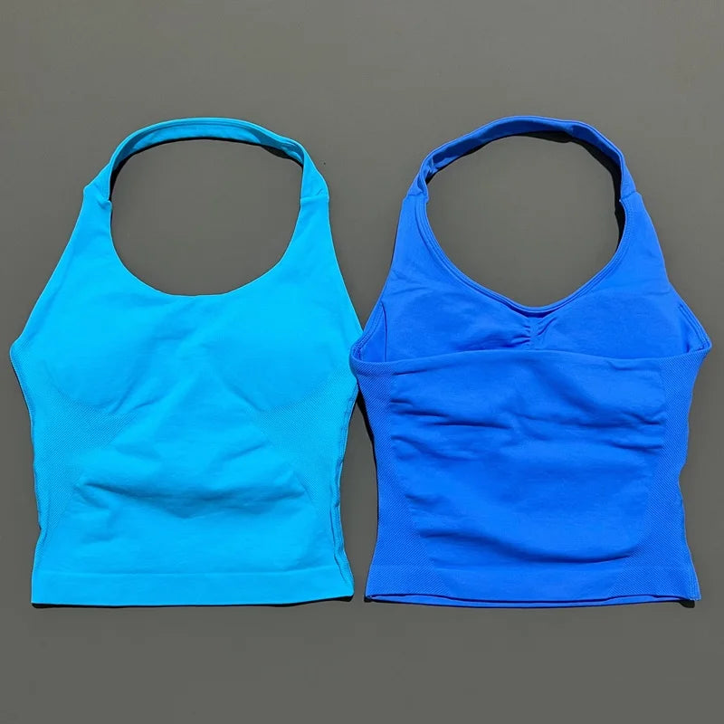 Histello Longline Strappy Top Women Sports Tank Halter Seamless Ruched Backless Gym Activewear Workout Yoga Fitness Tops