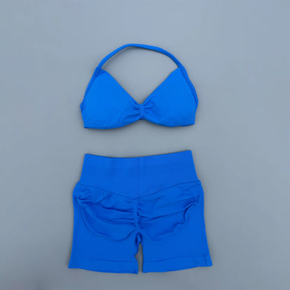2 Pieces Yoga Gym Set Women Seamless Strappy Ruched Backless Halter Yoga Bra High Waist Workout Scrunch Shorts Sport Set Fitness