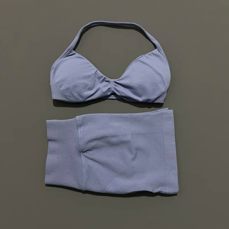 Gym Set 2 Piece Women Strappy Yoga Bra Top Workout Scrunch Shorts Sports Suit Fitness Clothes Seamless Yoga Set