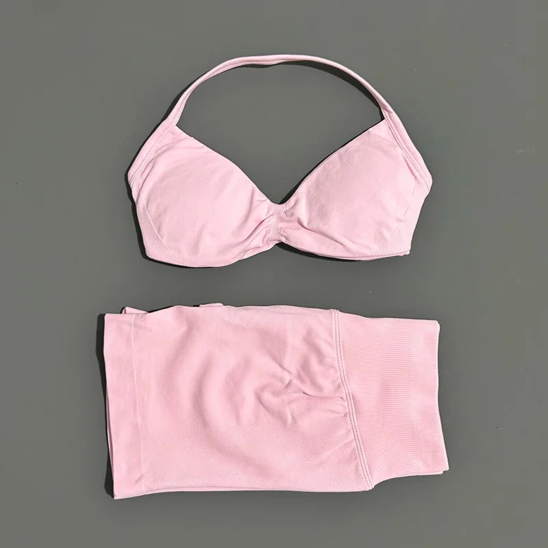 Gym Set 2 Piece Women Strappy Yoga Bra Top Workout Scrunch Shorts Sports Suit Fitness Clothes Seamless Yoga Set