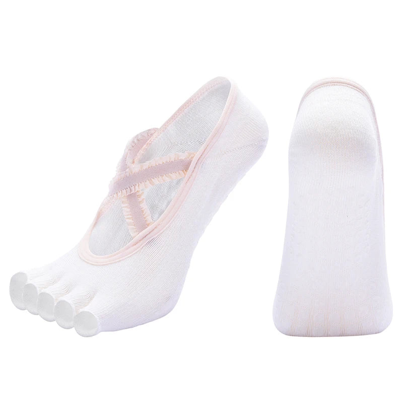 Women Five Fingers Yoga Socks Breathable Cross Straps Pilates Sock Silicone Grip Anti Slip Lace Dance Socks for Fitness Sport