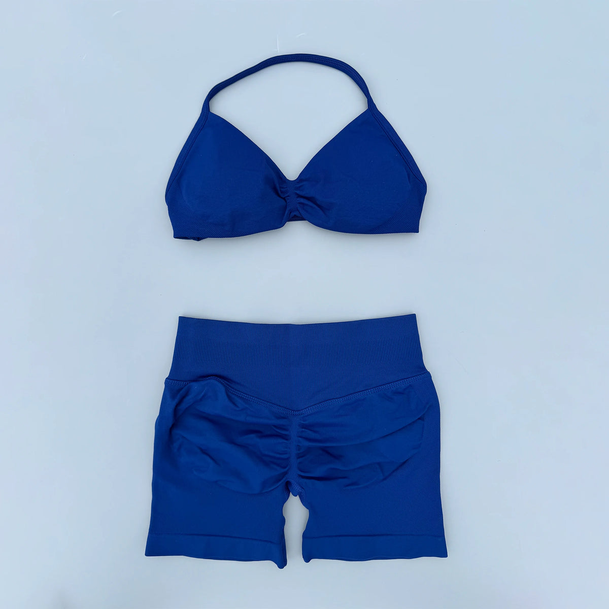 2 Pieces Yoga Gym Set Women Seamless Strappy Ruched Backless Halter Yoga Bra High Waist Workout Scrunch Shorts Sport Set Fitness