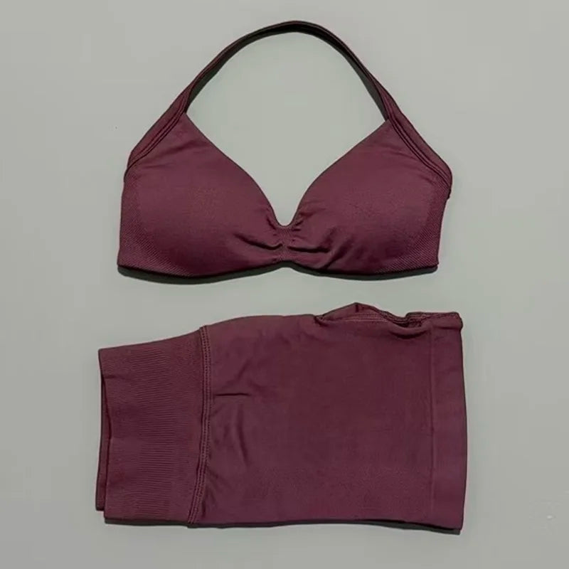Gym Set 2 Piece Women Strappy Yoga Bra Top Workout Scrunch Shorts Sports Suit Fitness Clothes Seamless Yoga Set