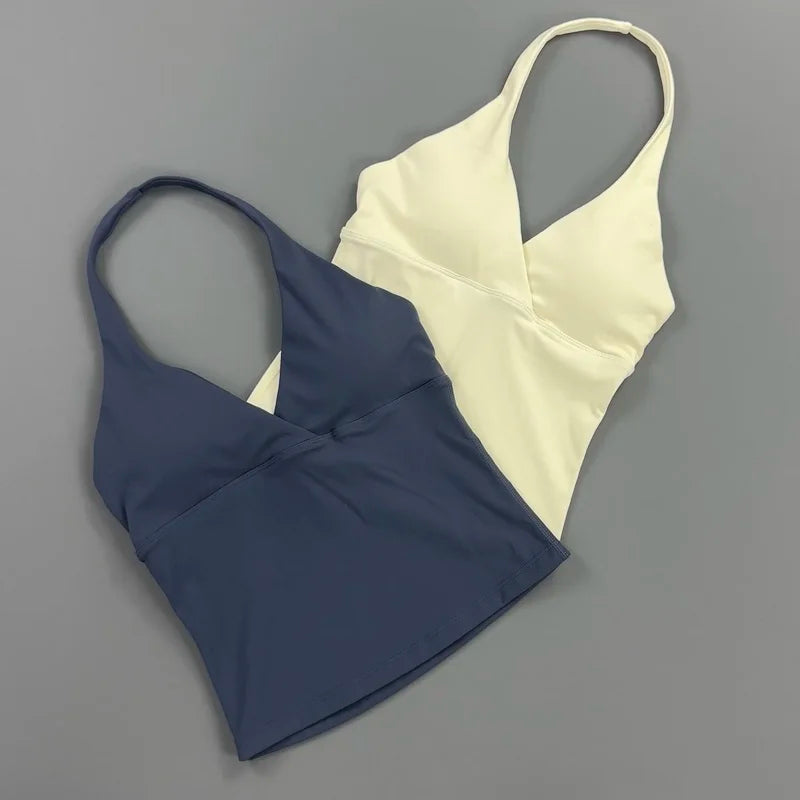 Top Deep V Neck Padded Sleeveless Workout Crop Tank Fitness Yoga Camisole Activewear
