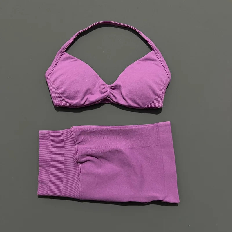 Gym Set 2 Piece Women Strappy Yoga Bra Top Workout Scrunch Shorts Sports Suit Fitness Clothes Seamless Yoga Set