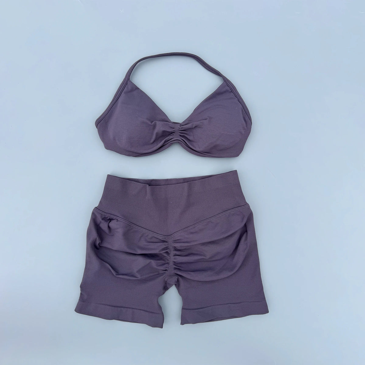 2 Pieces Yoga Gym Set Women Seamless Strappy Ruched Backless Halter Yoga Bra High Waist Workout Scrunch Shorts Sport Set Fitness