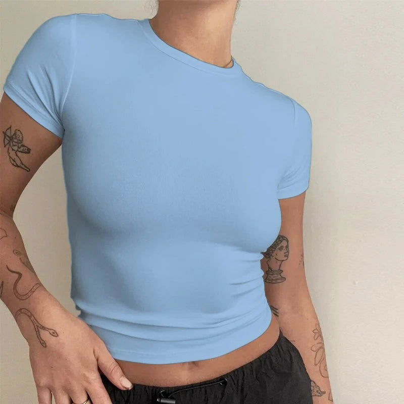 Short Sleeve T-shirt Slim Fit Tops Female O-Neck Knitted Sheath
