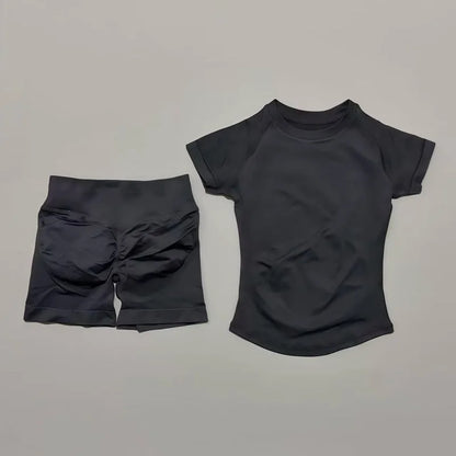 2 Piece Sports Set Women Gym Yoga Set Seamless Fitness Gym Clothes Sportswear Short Sleeve Top Sports Short Leggings Suit