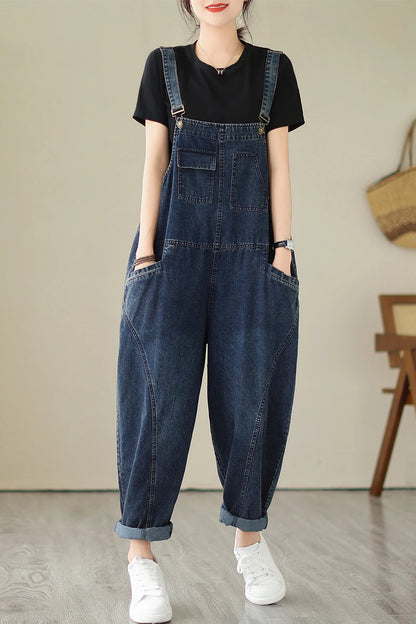 Vintage Patchwork Blue Denim Overalls Casual Loose Jumpsuit