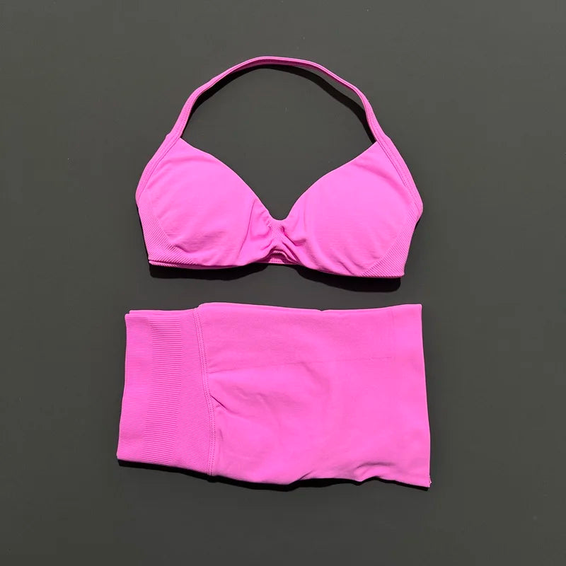 Gym Set 2 Piece Women Strappy Yoga Bra Top Workout Scrunch Shorts Sports Suit Fitness Clothes Seamless Yoga Set