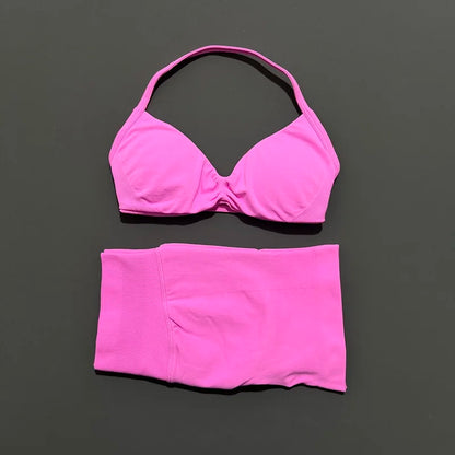 Gym Set 2 Piece Women Strappy Yoga Bra Top Workout Scrunch Shorts Sports Suit Fitness Clothes Seamless Yoga Set