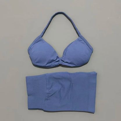 Gym Set 2 Piece Women Strappy Yoga Bra Top Workout Scrunch Shorts Sports Suit Fitness Clothes Seamless Yoga Set