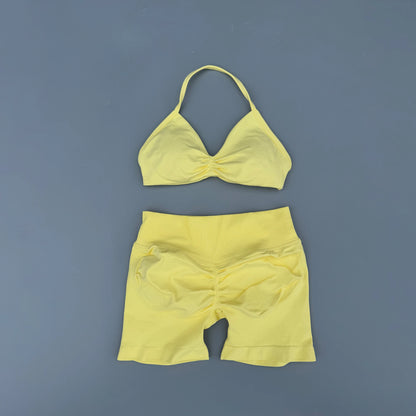 2 Pieces Yoga Gym Set Women Seamless Strappy Ruched Backless Halter Yoga Bra High Waist Workout Scrunch Shorts Sport Set Fitness