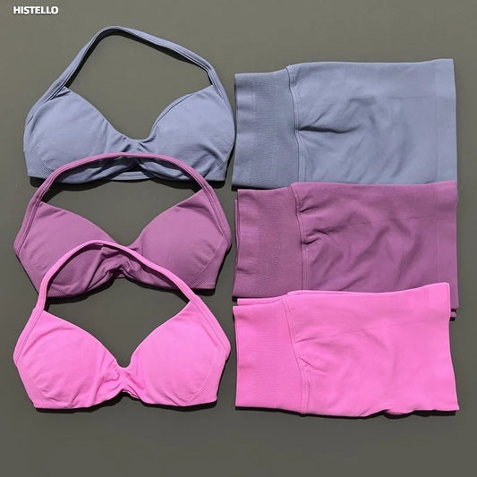 Gym Set 2 Piece Women Strappy Yoga Bra Top Workout Scrunch Shorts Sports Suit Fitness Clothes Seamless Yoga Set