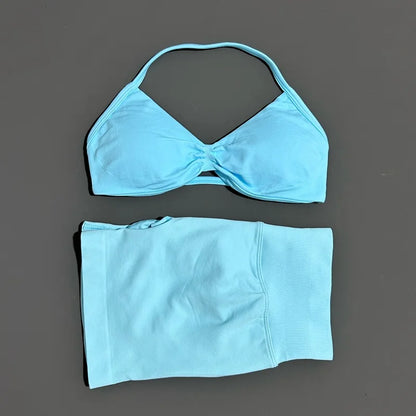 Gym Set 2 Piece Women Strappy Yoga Bra Top Workout Scrunch Shorts Sports Suit Fitness Clothes Seamless Yoga Set