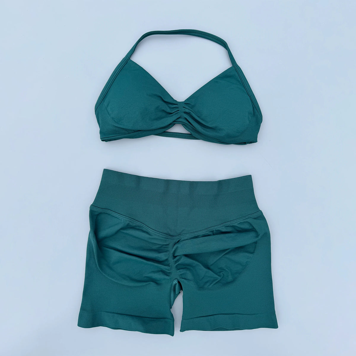 2 Pieces Yoga Gym Set Women Seamless Strappy Ruched Backless Halter Yoga Bra High Waist Workout Scrunch Shorts Sport Set Fitness