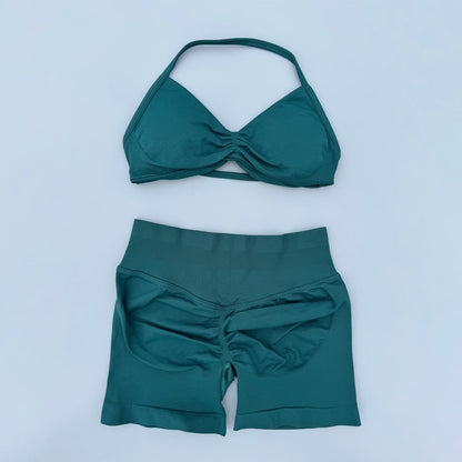 2 Pieces Yoga Gym Set Women Seamless Strappy Ruched Backless Halter Yoga Bra High Waist Workout Scrunch Shorts Sport Set Fitness