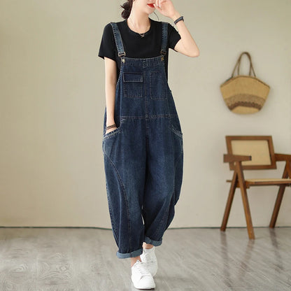 Vintage Patchwork Blue Denim Overalls Casual Loose Jumpsuit