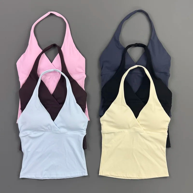 Top Deep V Neck Padded Sleeveless Workout Crop Tank Fitness Yoga Camisole Activewear