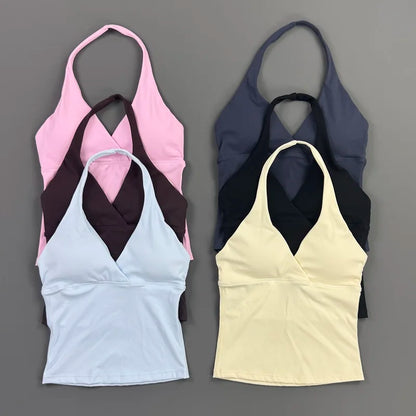 Top Deep V Neck Padded Sleeveless Workout Crop Tank Fitness Yoga Camisole Activewear